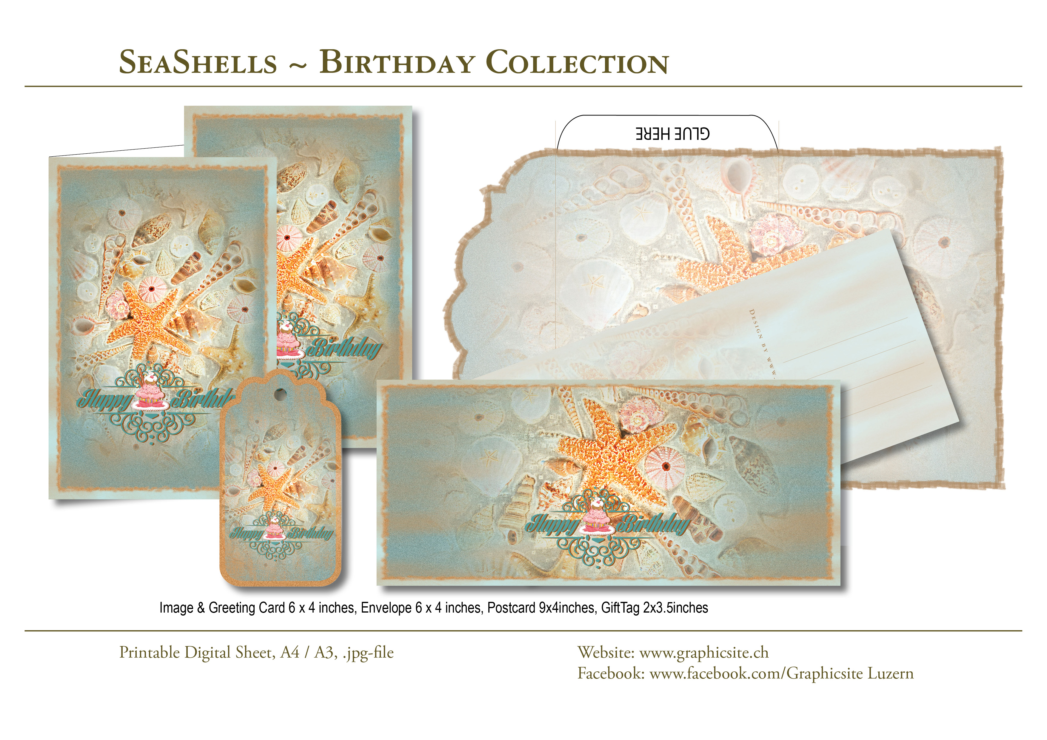 Printable Digital Sheets - Birthday Collection - SeaShells - #birthday, #cards, #postcards, #envelope, #gift, #tags, #scrapbooking, #papergoods, #crafts,